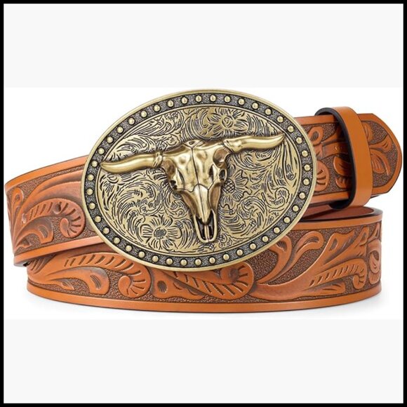 Western Leather Belt with Large Gold Bull Buckle for Jeans main image 7
